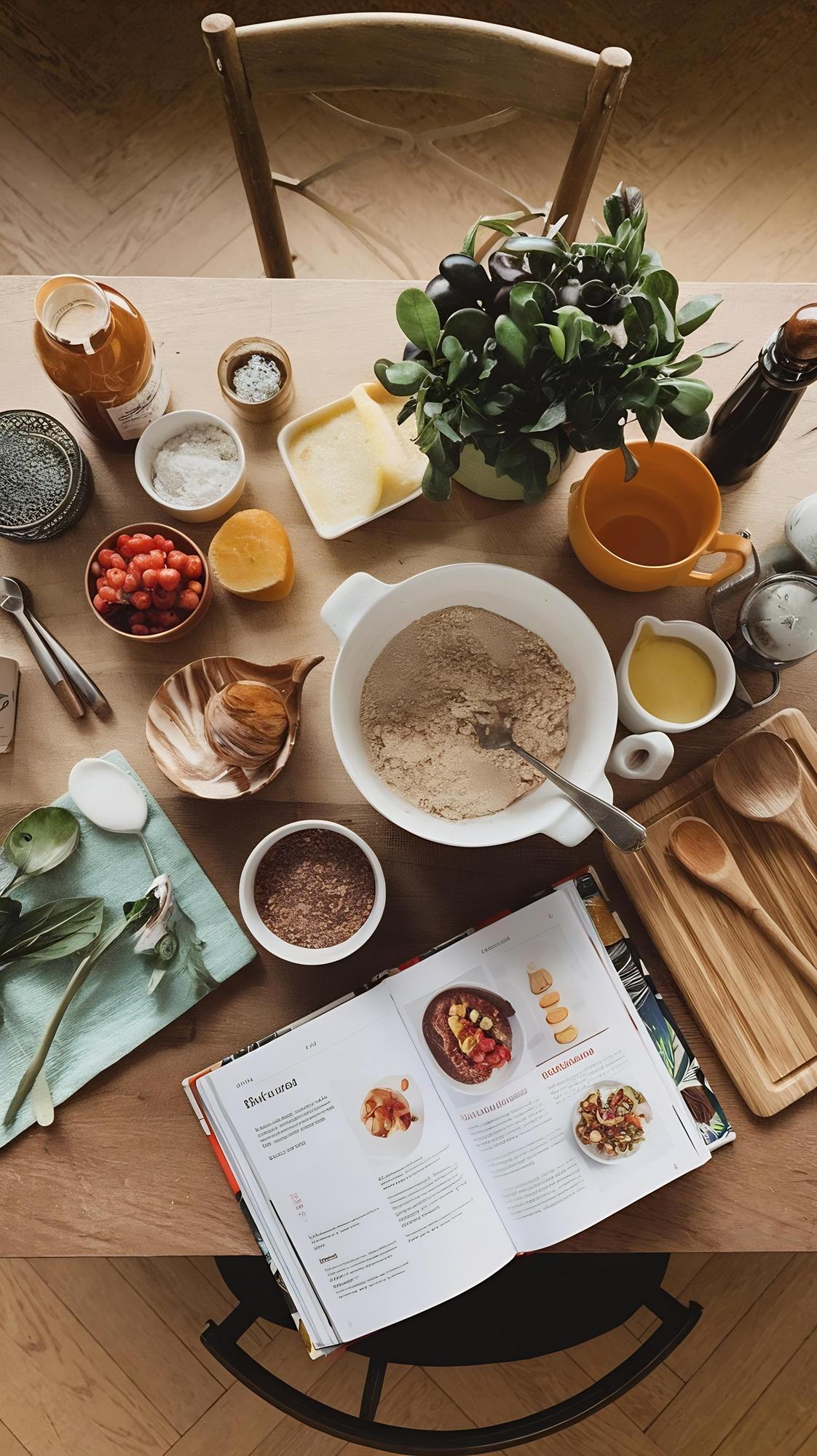 Overhead of kitchen workspace with herbs, bowls, and recipe notes